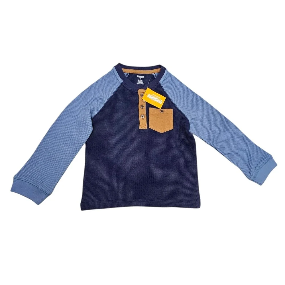 Gymboree Henley Shirt Kids 4T Blue Waffle‎ Knit Colorblock Elbow Patch Casual